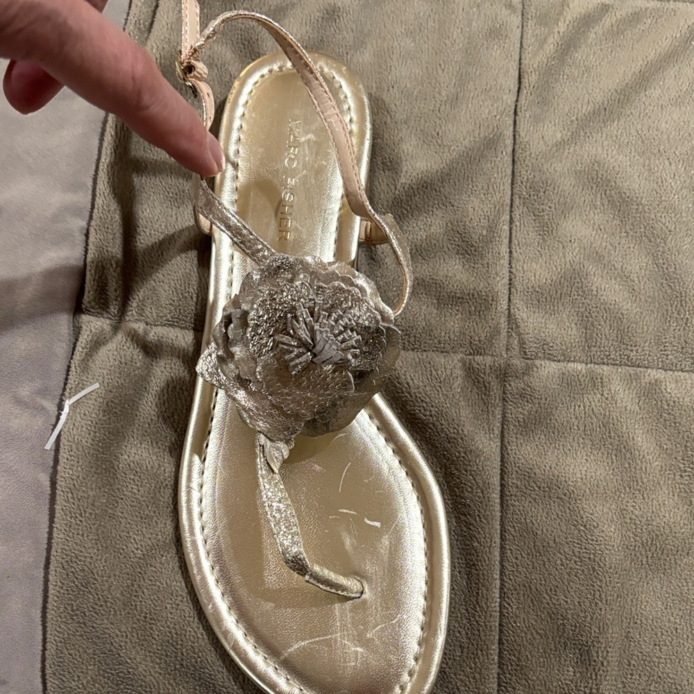 Marc Fisher Gold Sandals with Floral Detail NEW with minor scratches on footbed